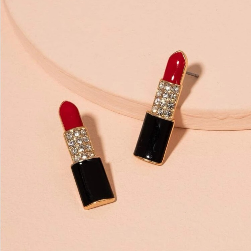 Ooh-La-LaLipstick💄💎Fun Rhinestone Pavé Earrings Red Black & Gold - Picture 2 of 8